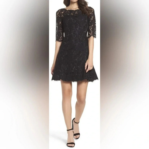 Eliza J Black Lace Mini Fit and Flare Cocktail Dress 3/4 Sleeves Size 2 - Picture 1 of 16